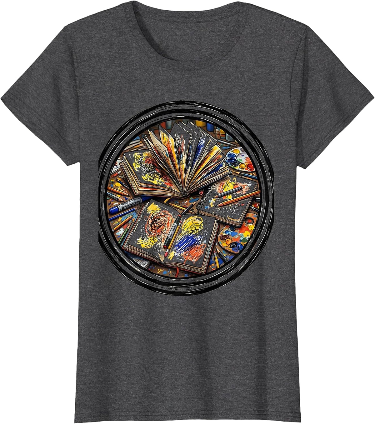 Women's Art Teacher Sketchbook Desk Illustration T-Shirt - Dark Heather Grey