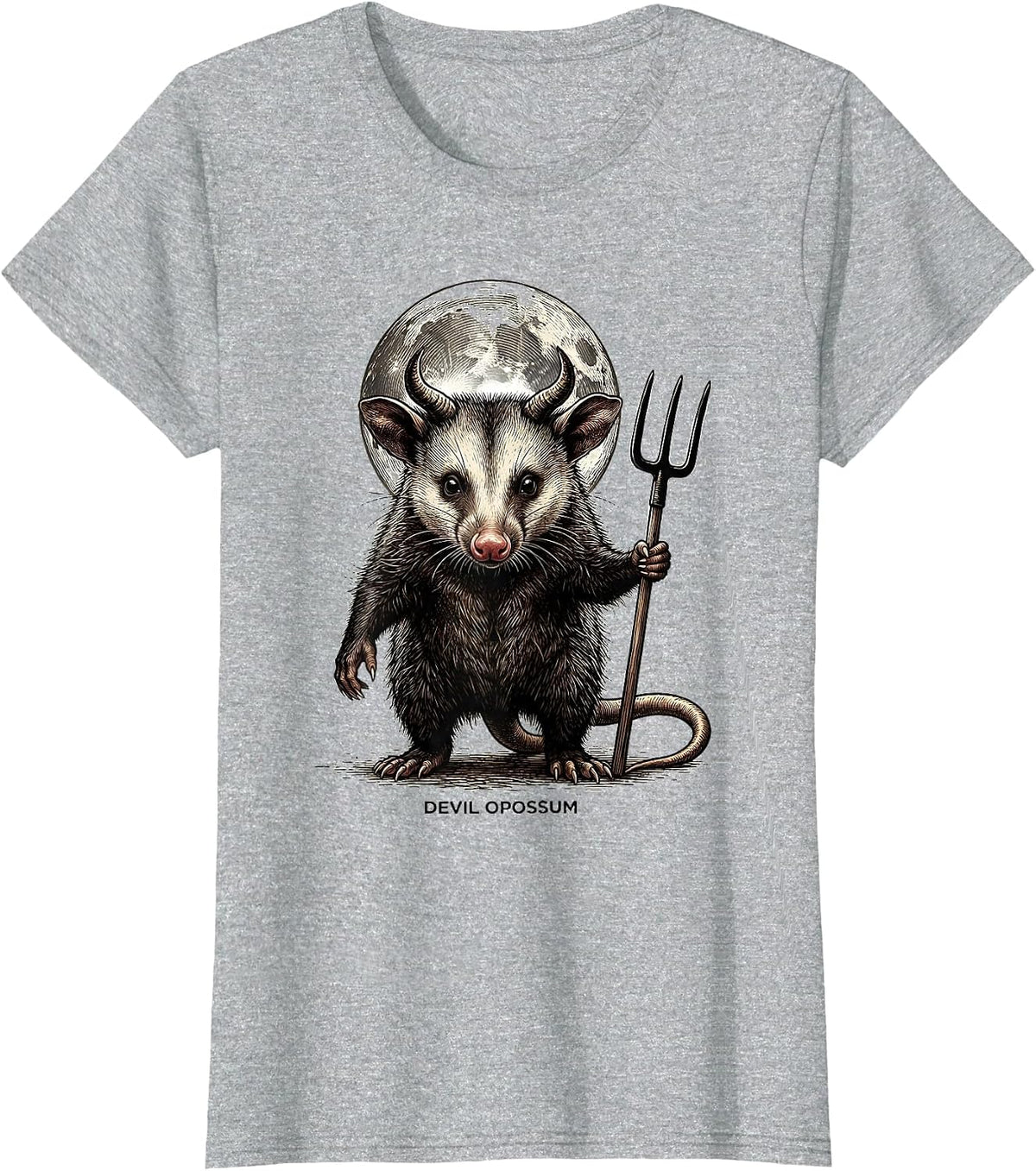Devil Opossum Crosshatch Etching Spooky Halloween Novelty T-Shirt - Heather Grey