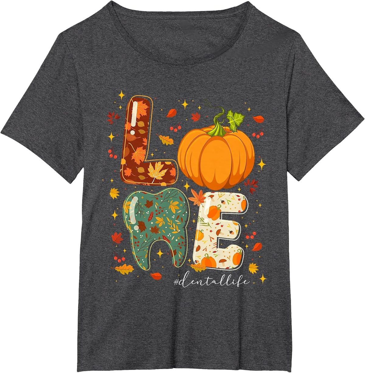Fall Autumn Love Dental Life Pumpkin Tooth Dentist T-Shirt - Dark Heather Grey