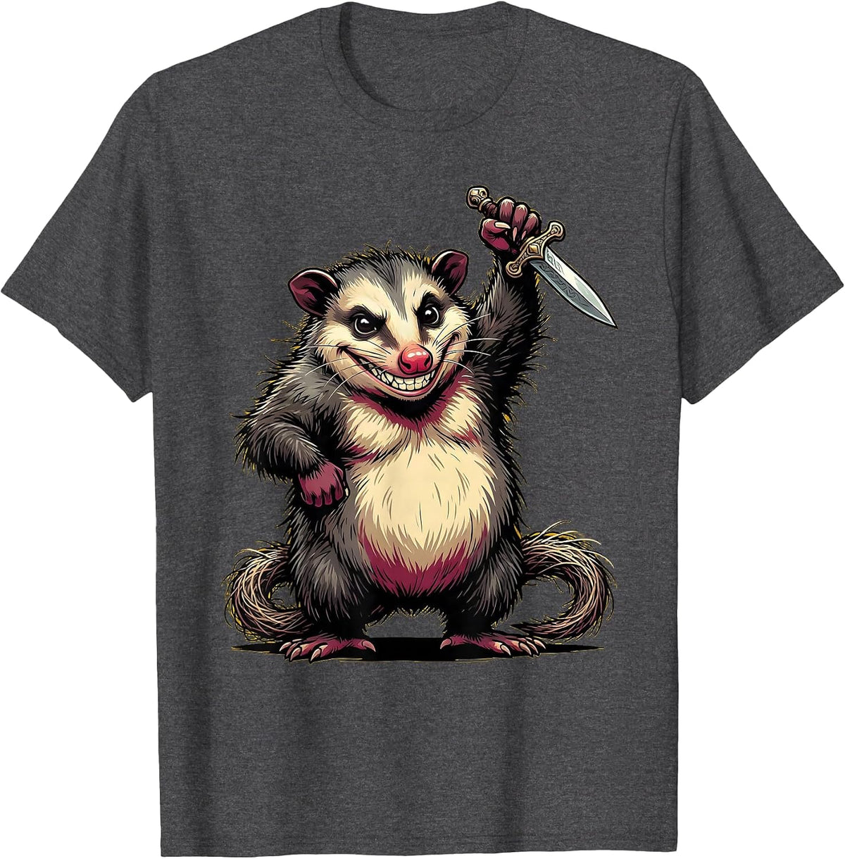 Men's Opossum Holding a Tiny Dagger Illustration T-Shirt - Dark Heather Grey