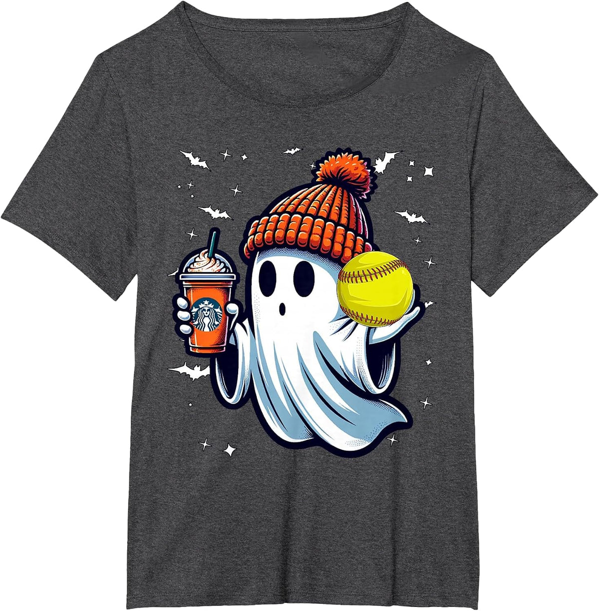 Ghost Pumpkin Drinks Beanie Fall Softball Lovers Halloween T-Shirt - Dark Heather Grey