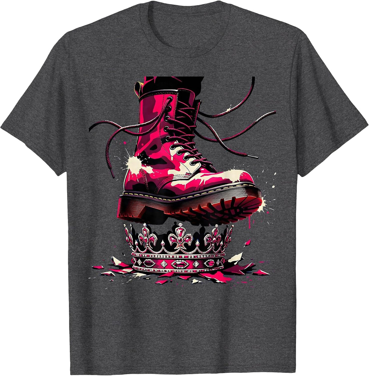 Punk Woman Stomping Crown Paint Splattered Boots T-Shirt - Dark Heather Grey