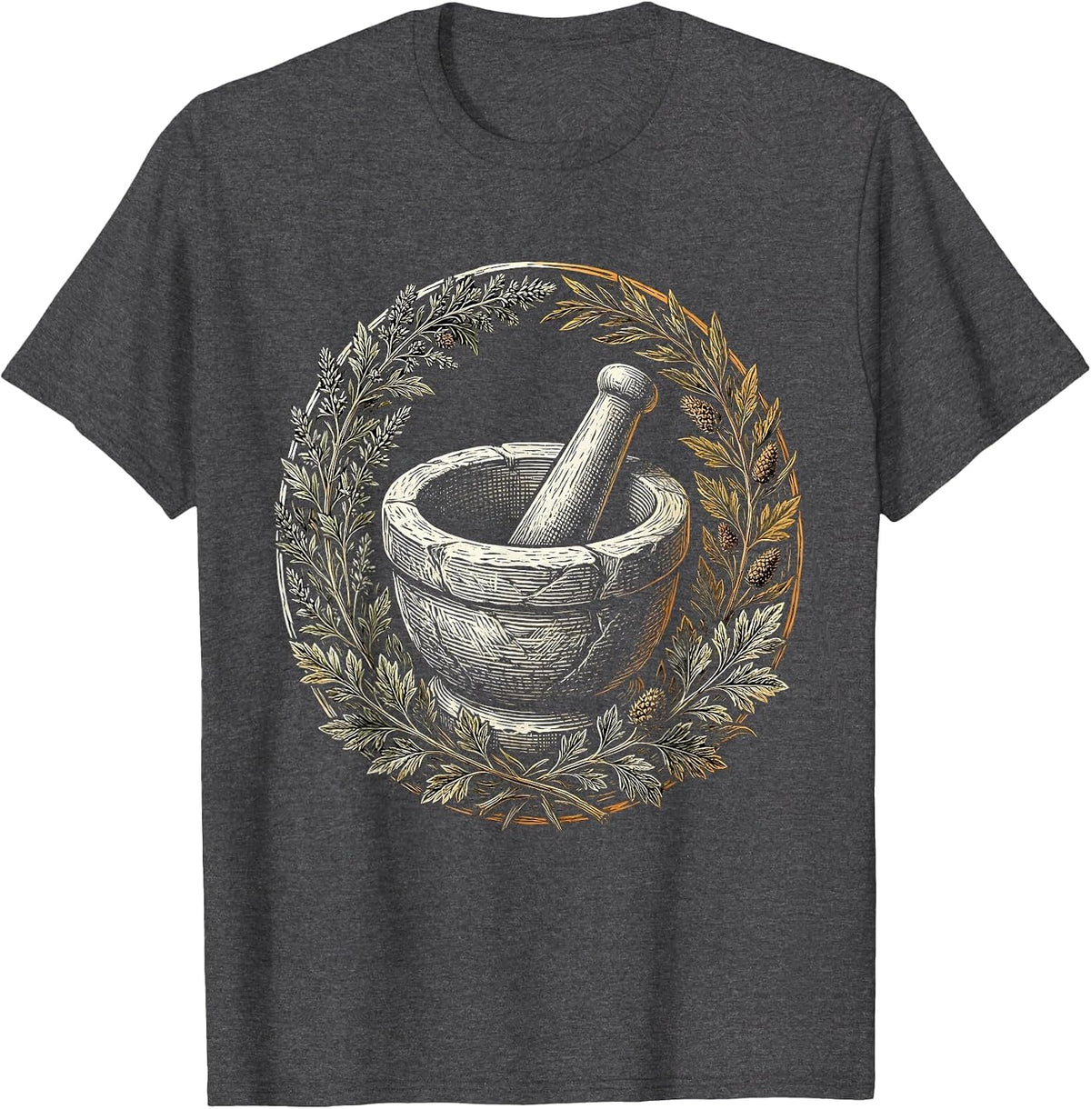 Renaissance Apothecary Mortar and Pestle Botanical Art T-Shirt - Dark Heather Grey