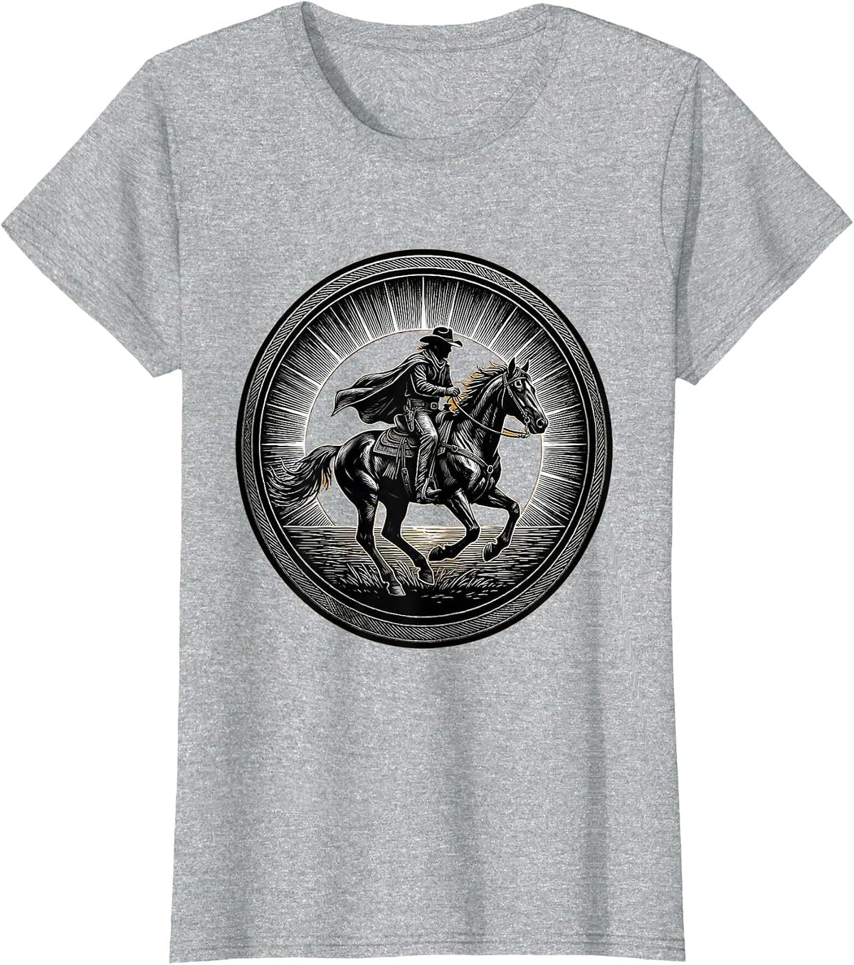 Women's Cowboy Riding Horse at Sunset Silhouette T-Shirt - Heather Grey