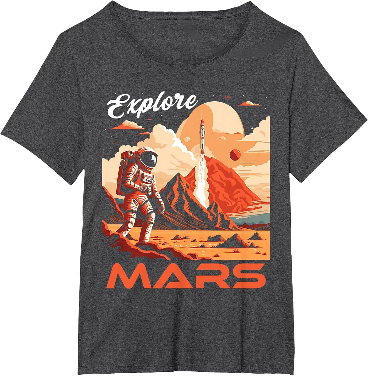 Explore Mars Vintage Martian Tourism Poster Style Space T-Shirt - Dark Heather Grey