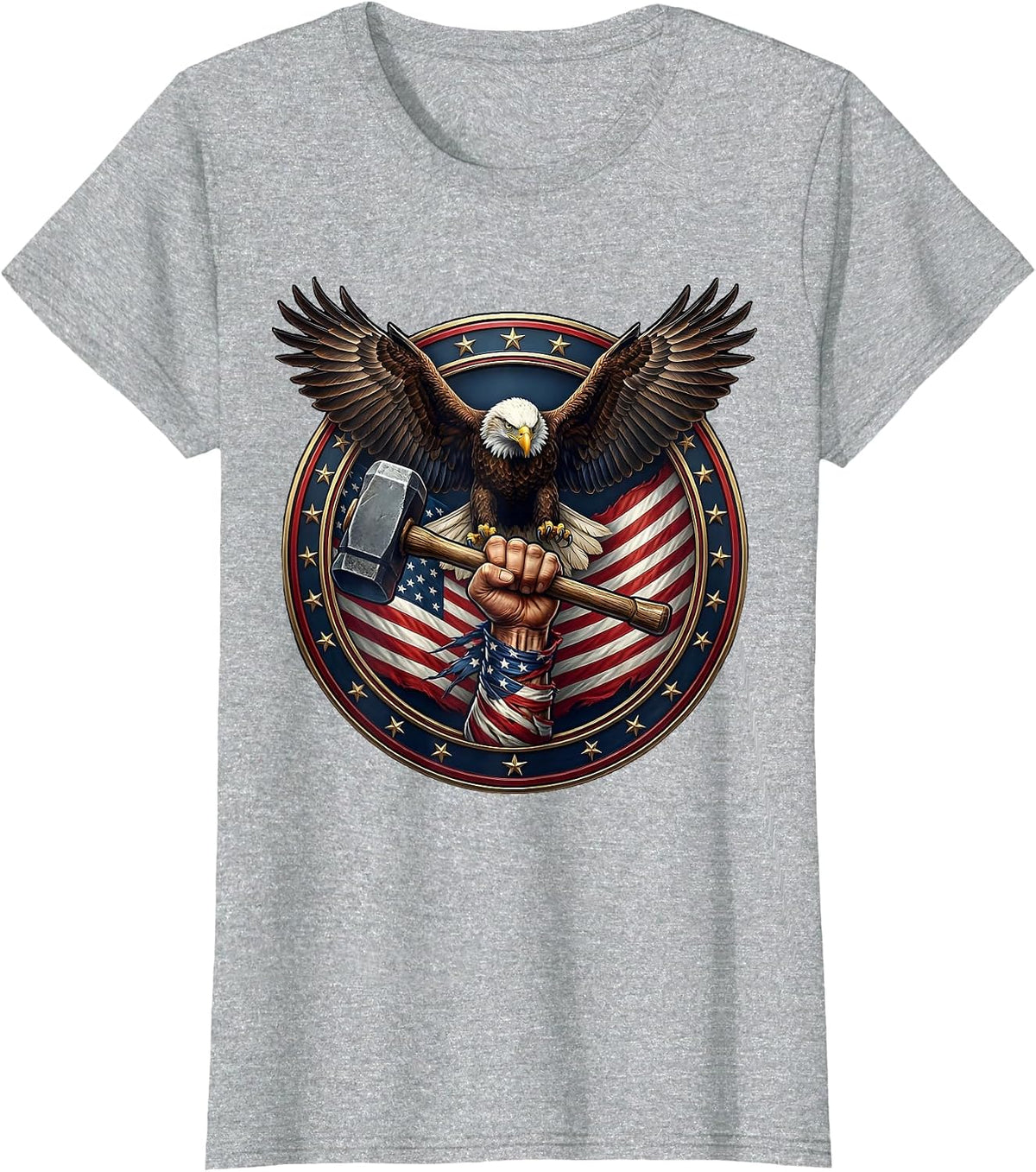 Patriotic Strength Muscular Arm Hammer US Flag Design T-Shirt - Heather Grey