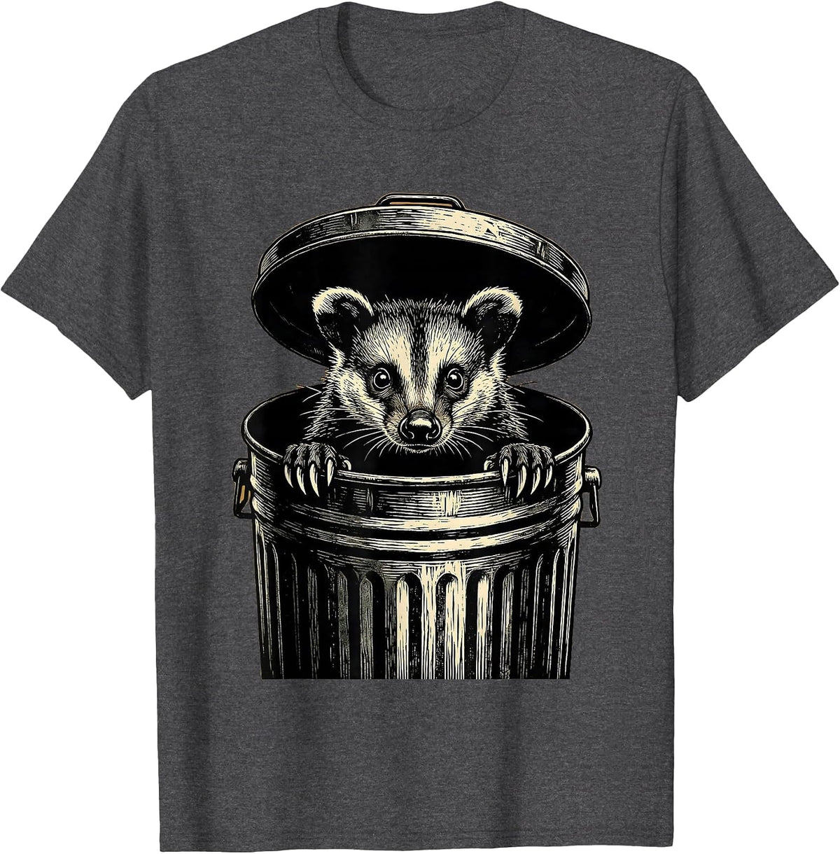 Men's Opossum Peeking Out of Trash Can Illustration T-Shirt - Dark Heather Grey