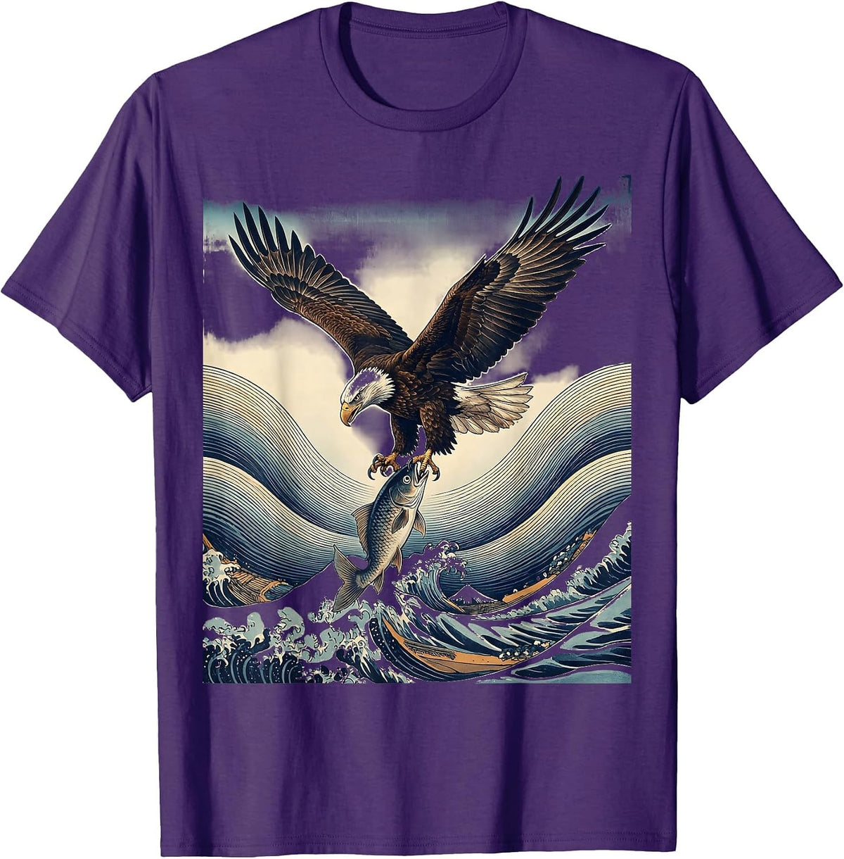 Men's Eagle Diving at Jumping Fish Fishing Graphic T-Shirt - Purple