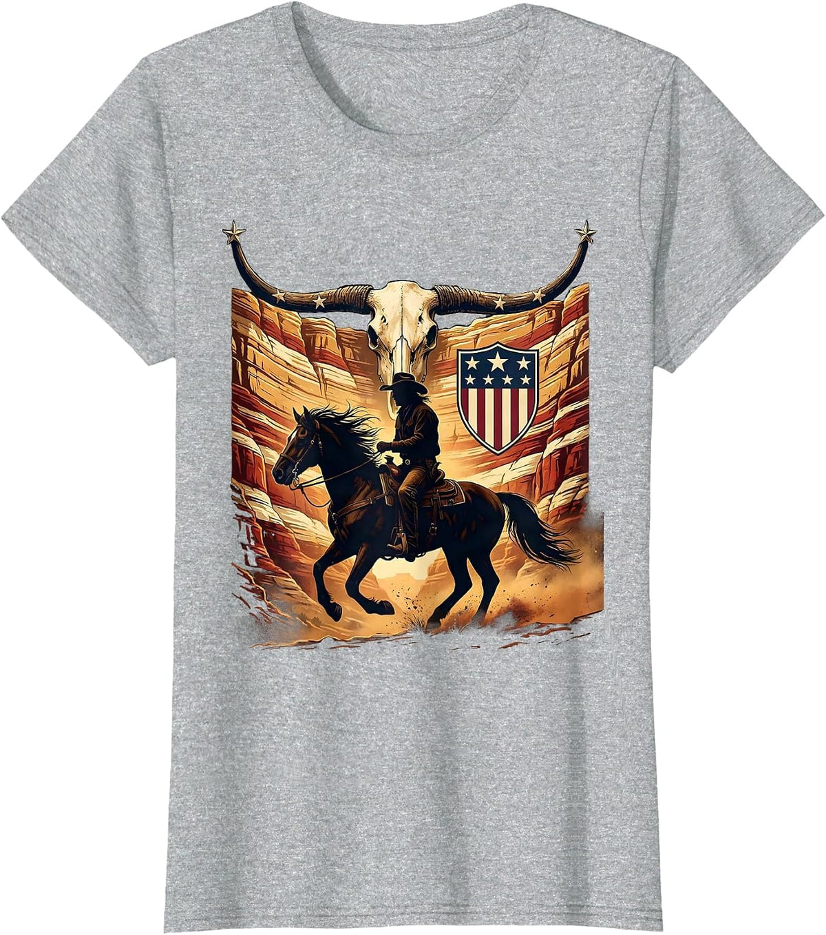 Cowboy Riding Into Canyon at Sunrise T-Shirt - Heather Grey