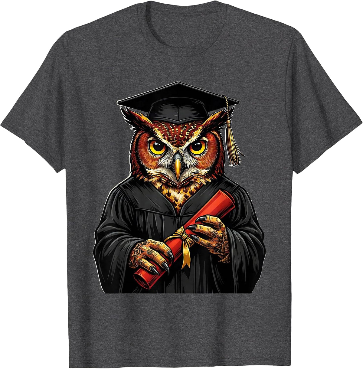 Men's Red Teacher Owl Graduation Gown Diploma Design T-Shirt - Dark Heather Grey