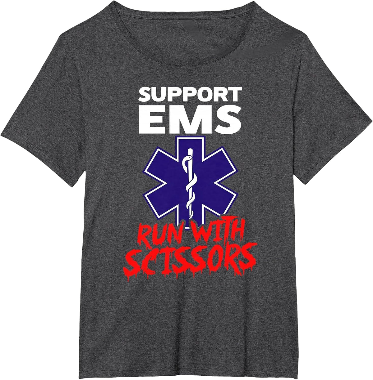 Support EMS Run with Scissors Funny Paramedic Halloween T-Shirt - Dark Heather Grey