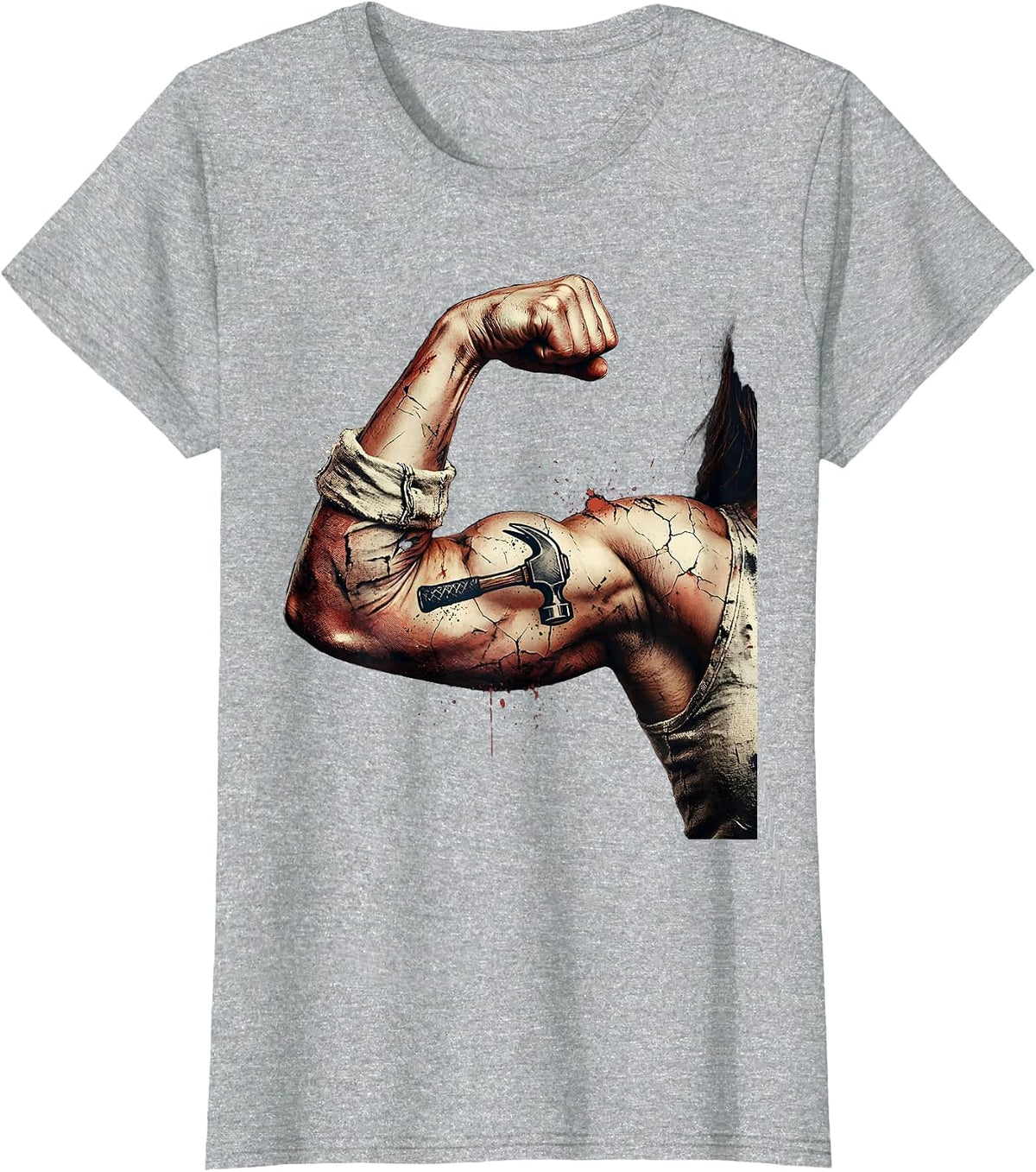 Labor Day Strong Arm Hammer Tattoo Graphic T-Shirt - Heather Grey
