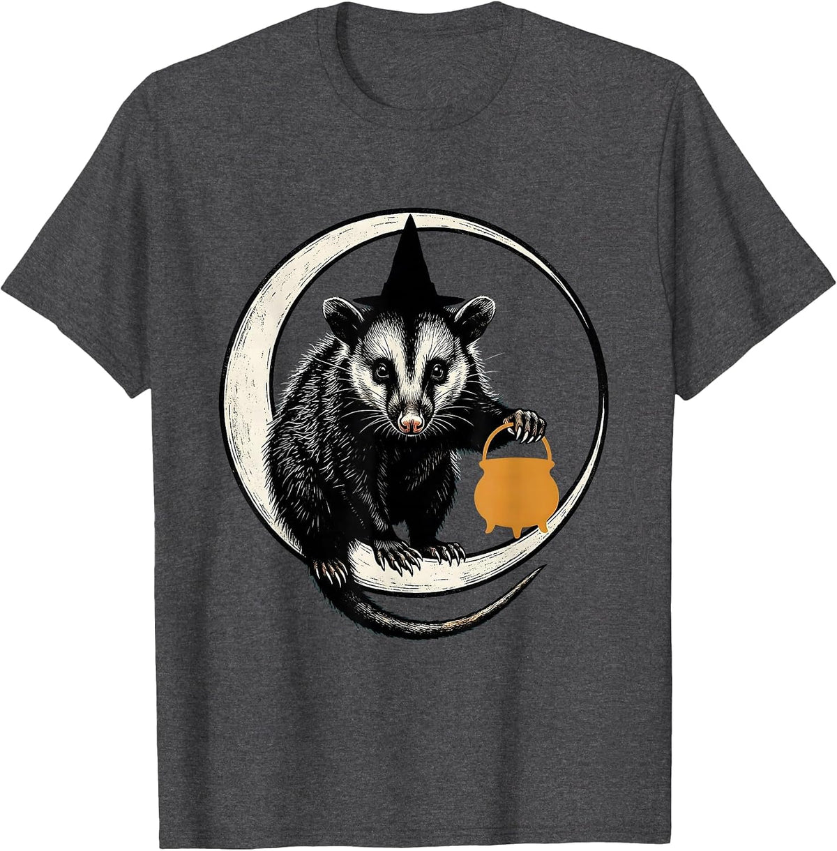 Opossum Moon Witch Hat Halloween Spooky Novelty T-Shirt - Dark Heather Grey