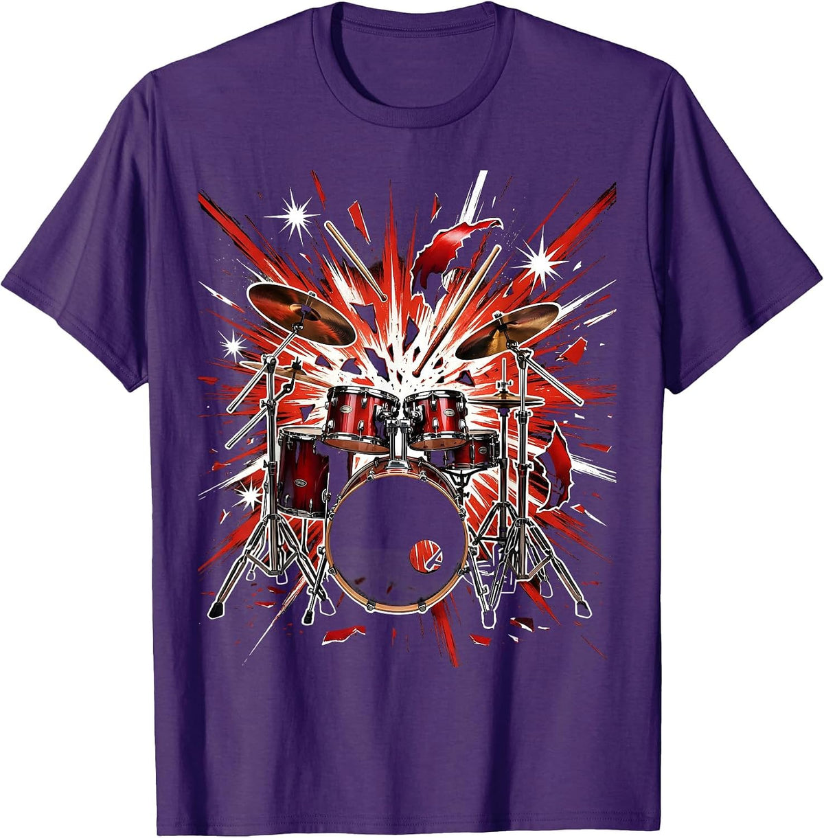 Drum Kit Exploding Fireworks Rock Band Graphic T-Shirt - Purple
