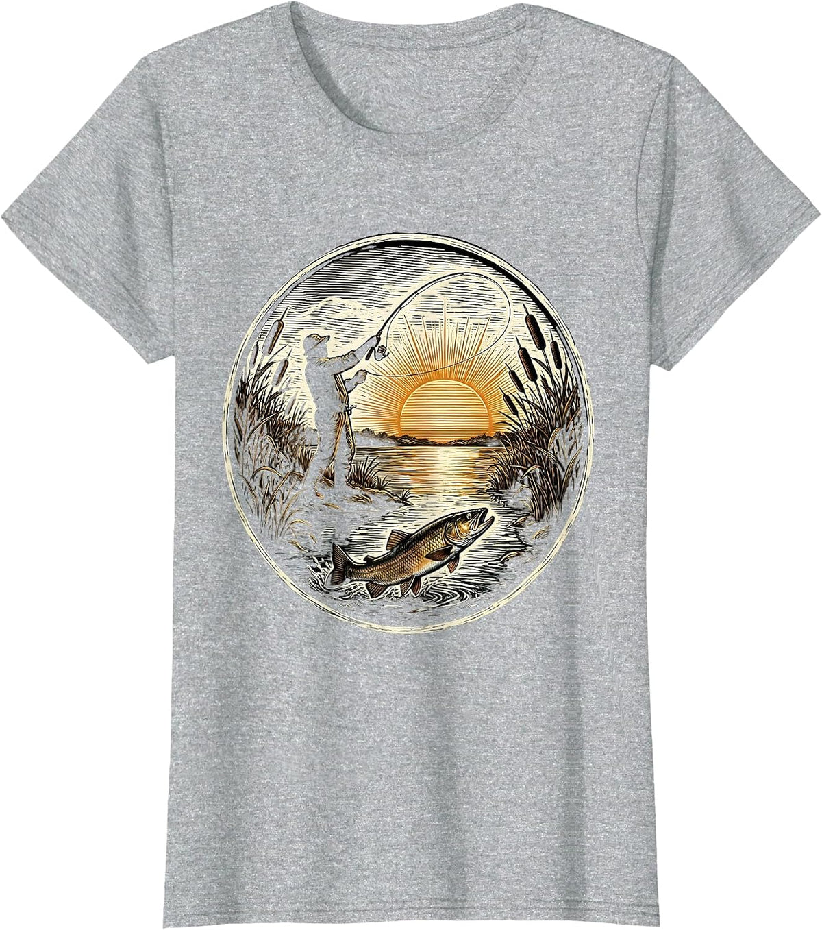 Fisherman Silhouette Casting at Dusk Trout Fishing T-Shirt - Heather Grey