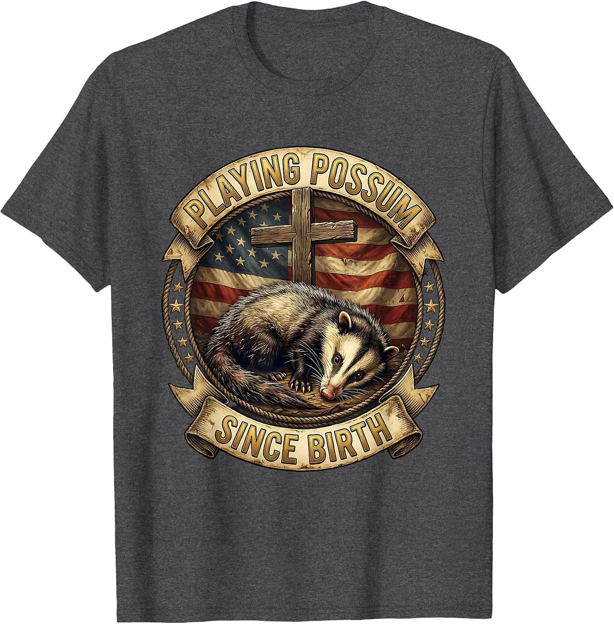 Playing Possum Since Birth Funny Opossum Design T-Shirt - Dark Heather Grey