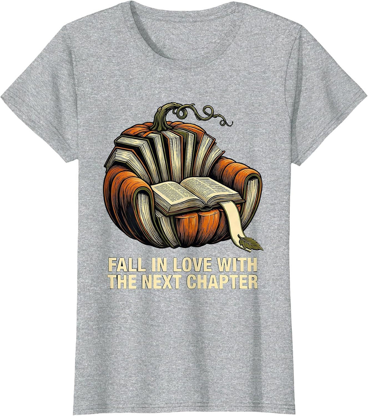 Fall In Love With The Next Chapter Cozy Pumpkin Reading T-Shirt - Heather Grey