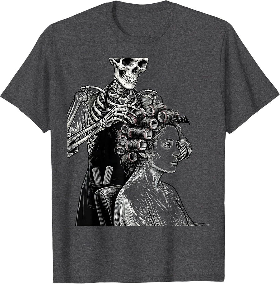 Men's Skeleton Hairstylist Halloween Hair Stylist Humor T-Shirt - Dark Heather Grey