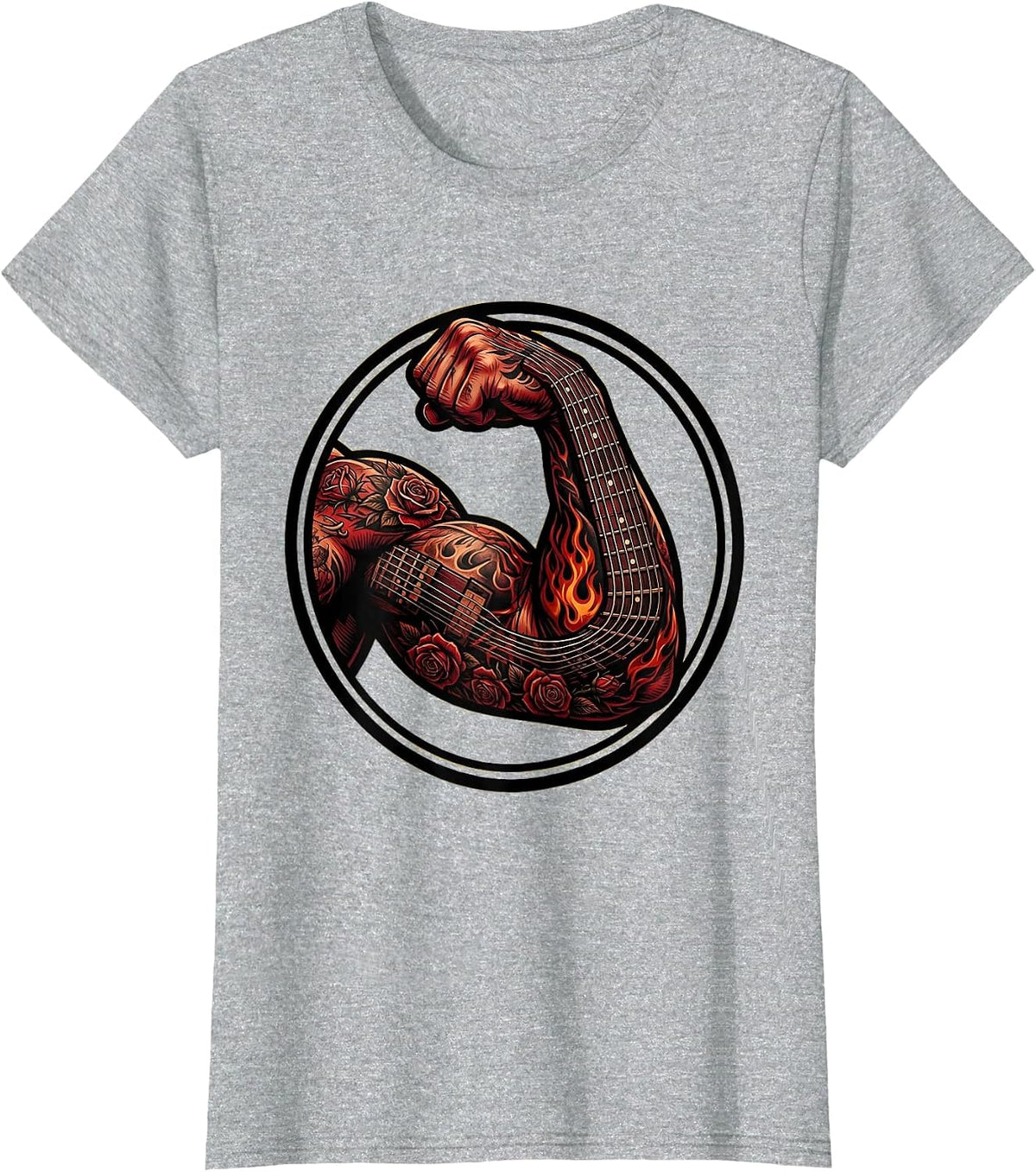 Muscular Arm Guitar Fretboard Tattoo Sleeve Art T-Shirt - Heather Grey