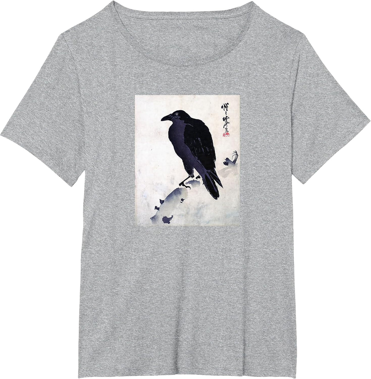 Japanese Crow Ink Art - Traditional Woodblock Bird T-Shirt - Heather Grey