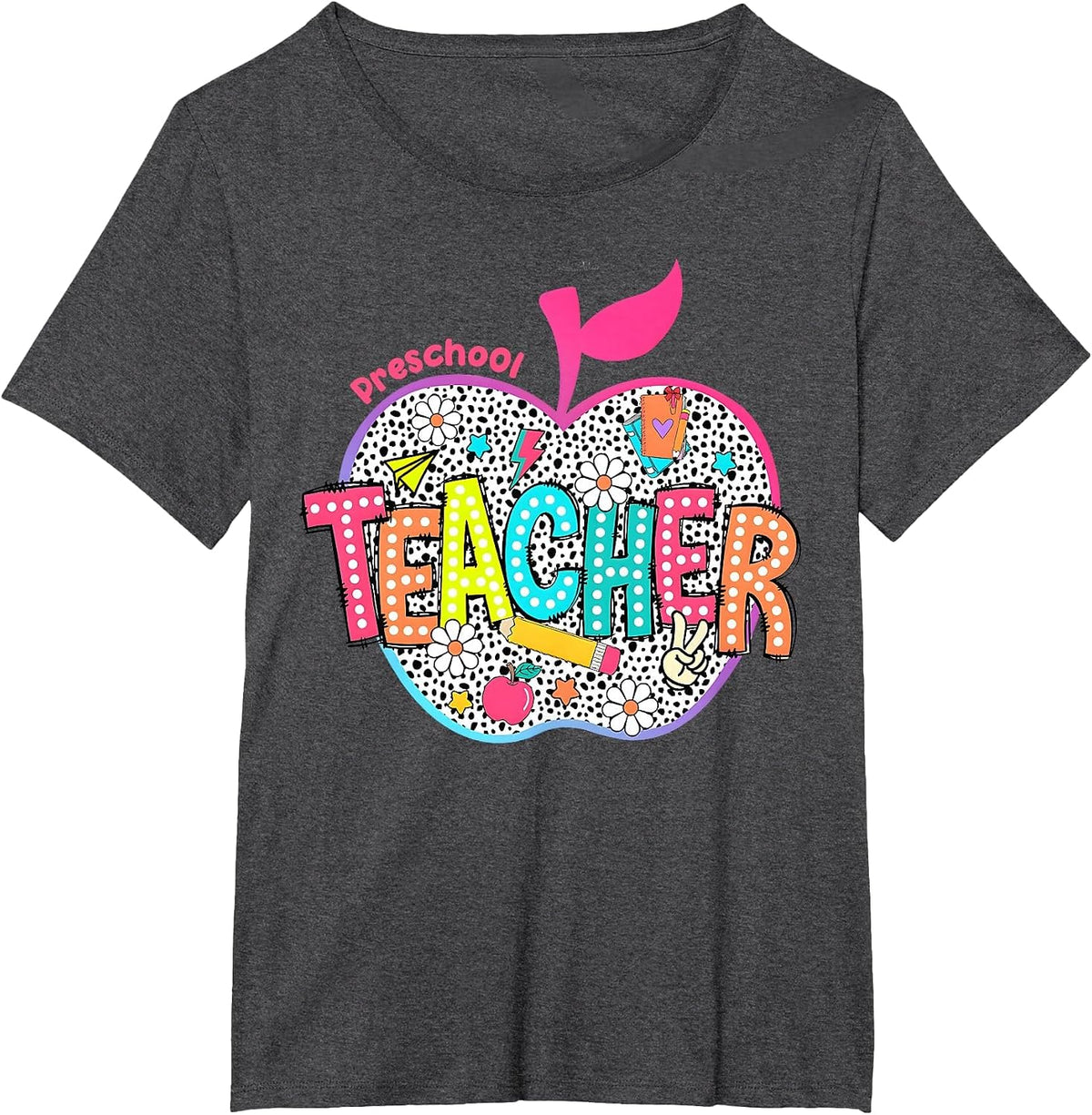 Preschool Teacher Flowers Retro Lightning Back to School T-Shirt - Dark Heather Grey
