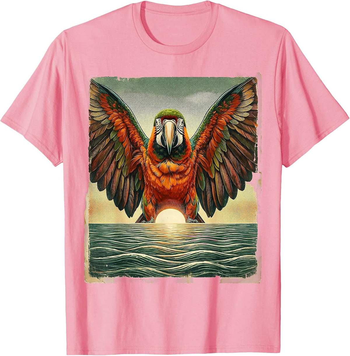 Men's Aloha Macaw Spreading Wings Over Ocean Horizon T-Shirt - Pink