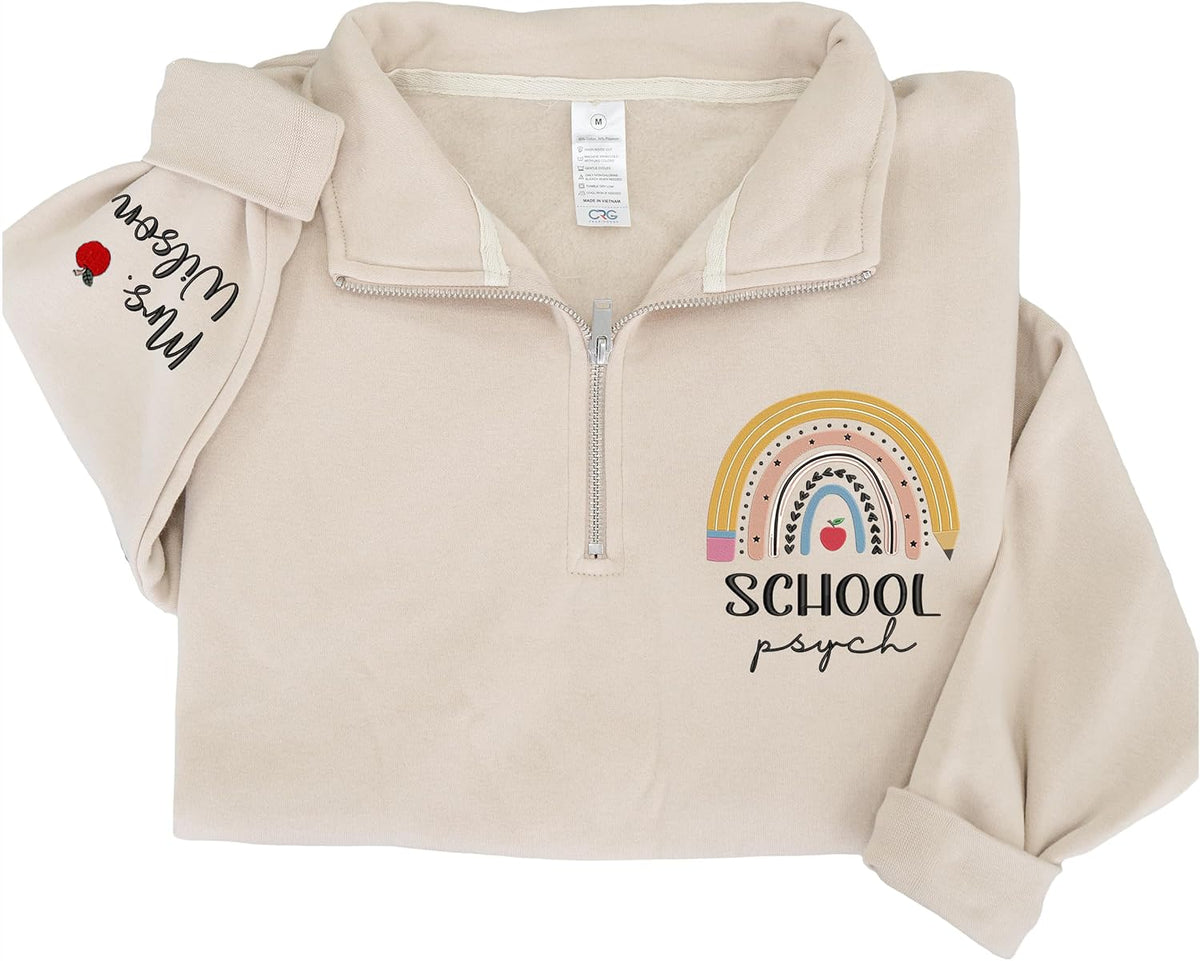 Chillever Personalized Embroidery Teacher Quarter Zip Sweatshirt, Custom Teacher Name Zip Sweaters, Back to School Gifts -