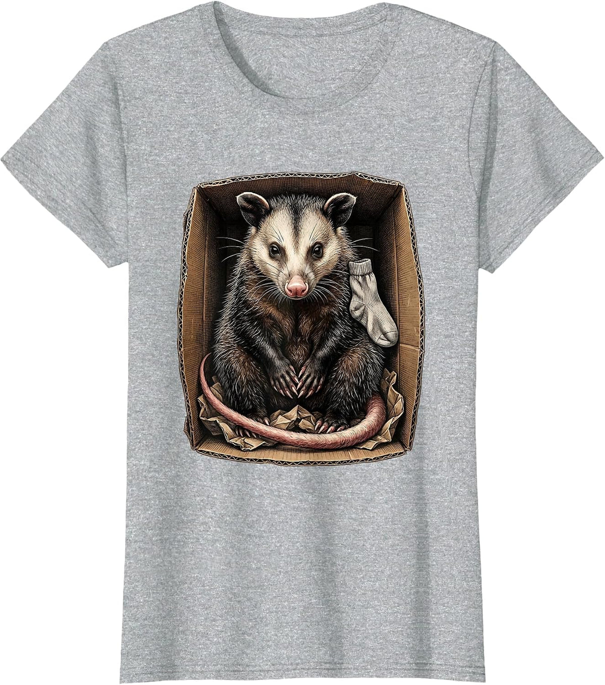 Opossum In Cardboard Funny Animal Meme Humor T-Shirt, Women, Heather Grey, Medium - As Pictured