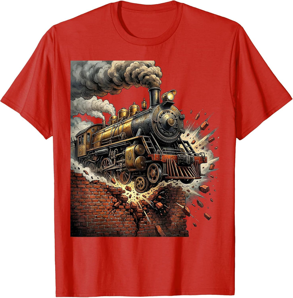 Men's Steampunk Locomotive Bursting Through Brick Wall T-Shirt - Red