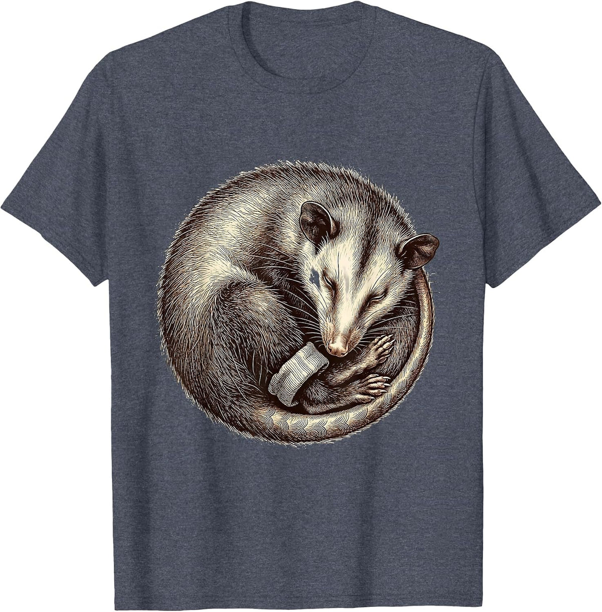 Sleepy Virginia Opossum Crosshatch Etching Cozy Pajama T-Shirt - Heather Blue