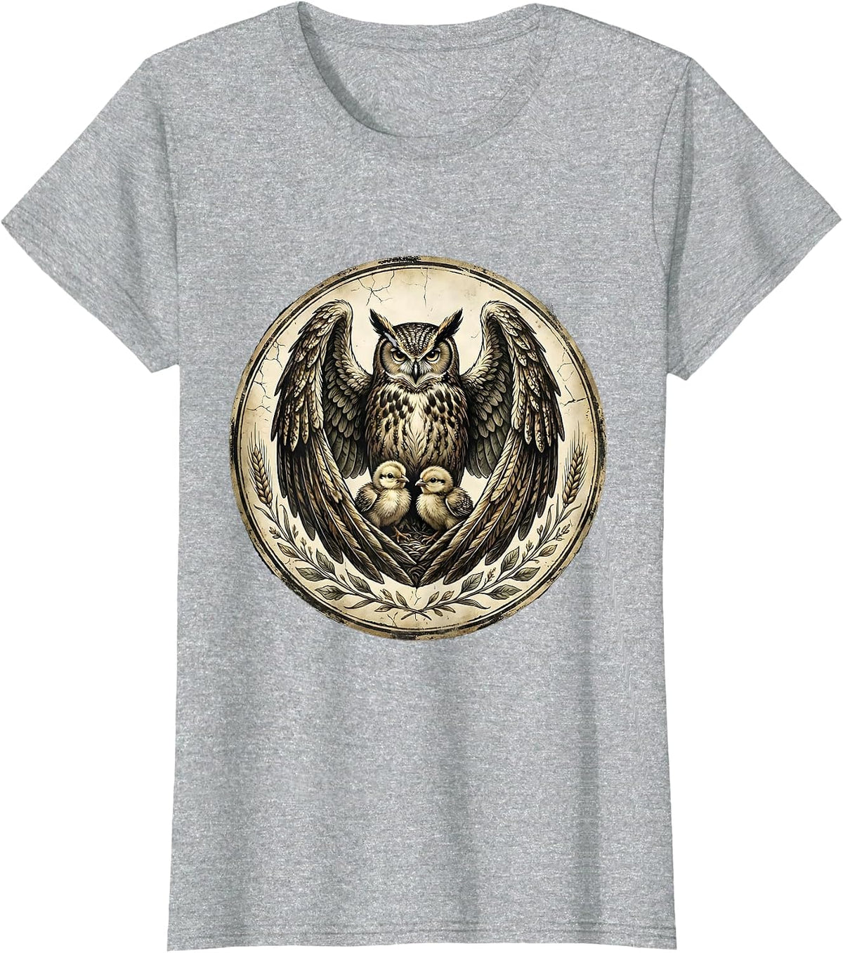Protective Owl Spreading Wings Over Chicks T-Shirt - Heather Grey