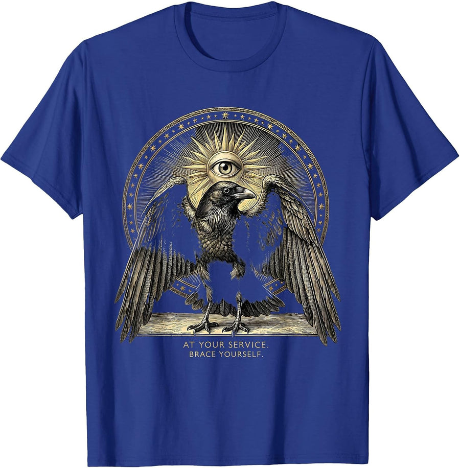 At Your Service Brace Yourself Funny Crow Dark Humor Gothic T-Shirt - Royal Blue
