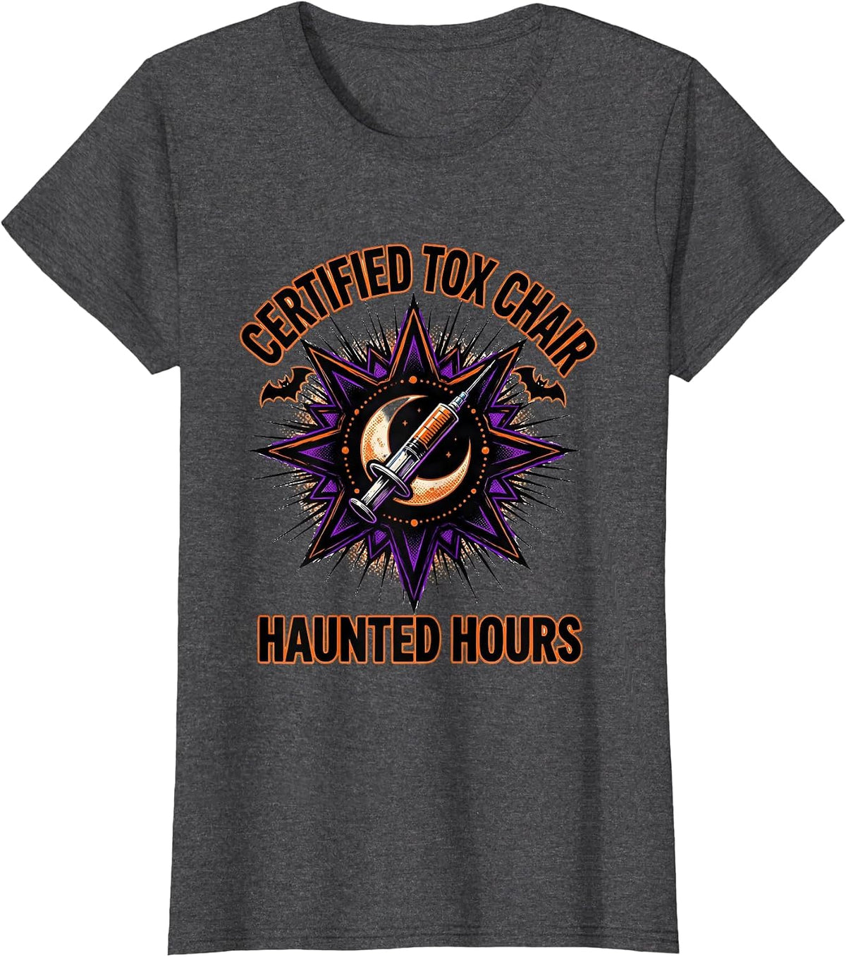 Women's Certified Tox Chair Haunted Hours Comic Book Halloween T-Shirt - Dark Heather Grey