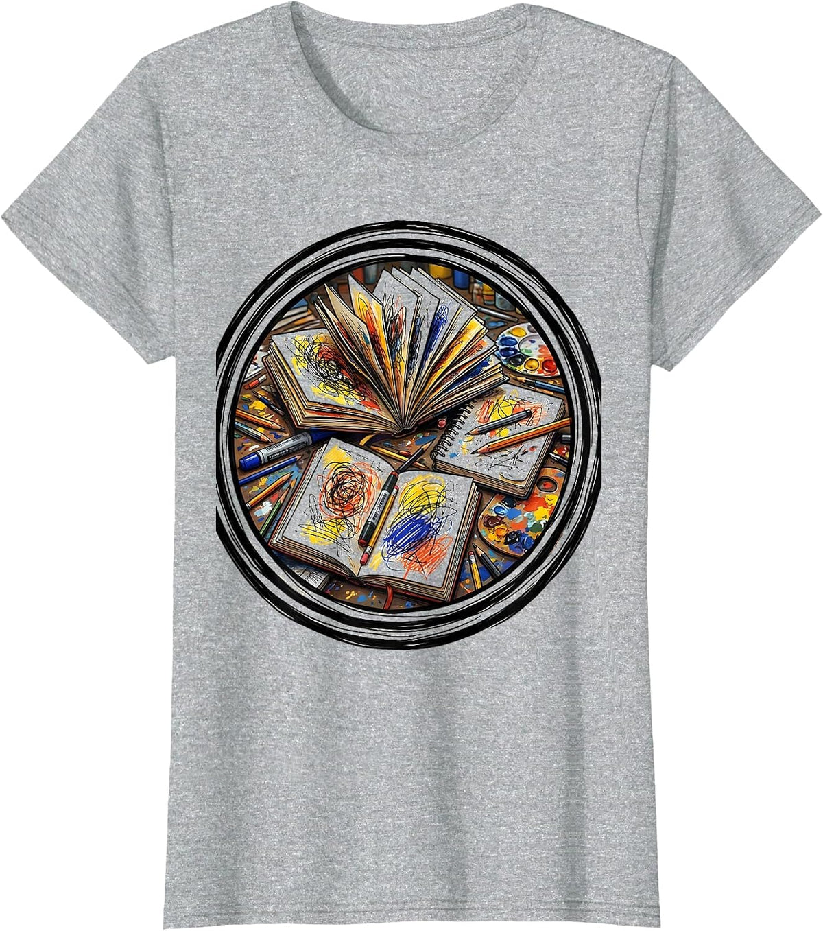 Women's Art Teacher Sketchbook Desk Illustration T-Shirt - Heather Grey