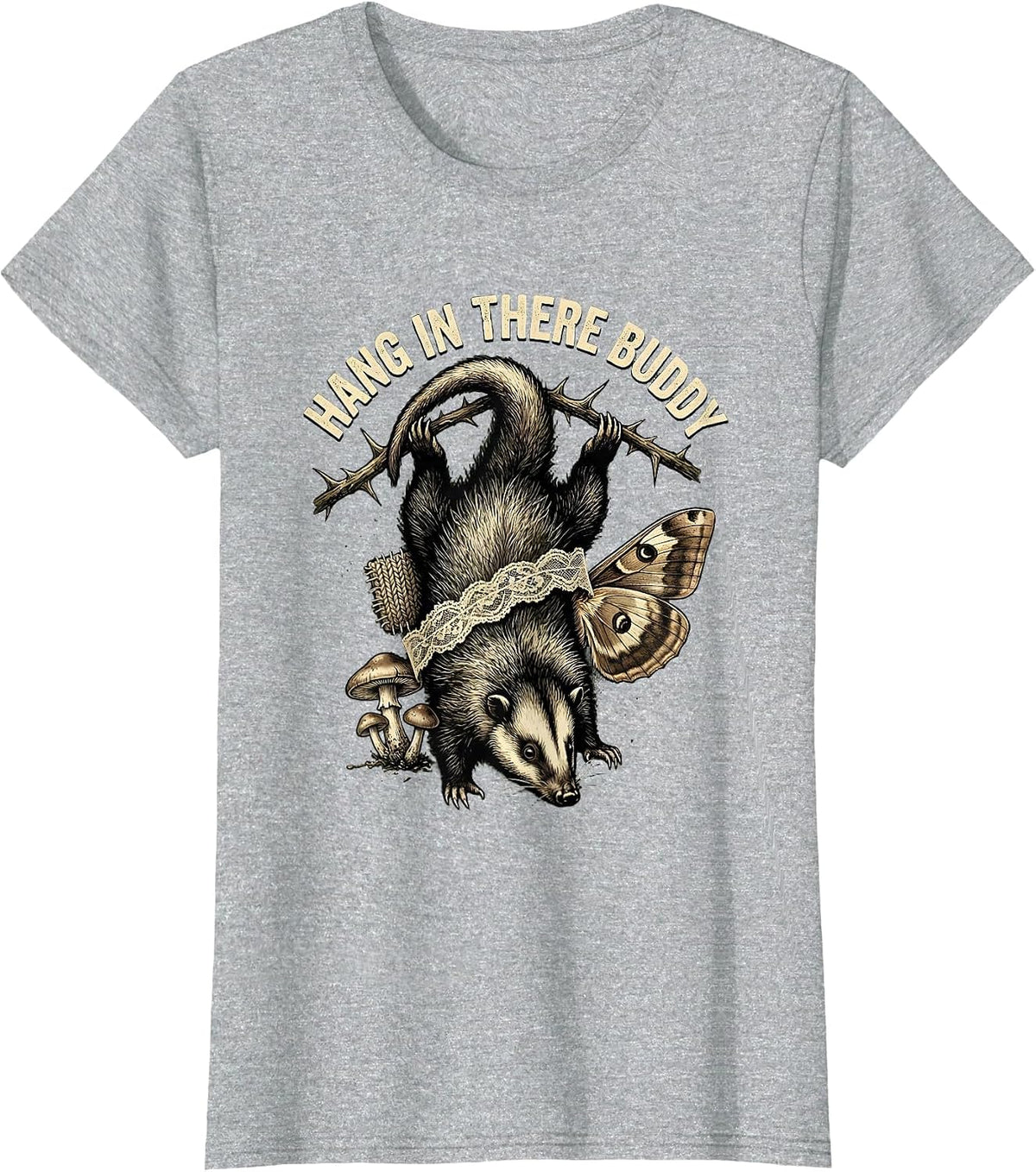 Hang In There Buddy Funny Opossum Design T-Shirt - Heather Grey