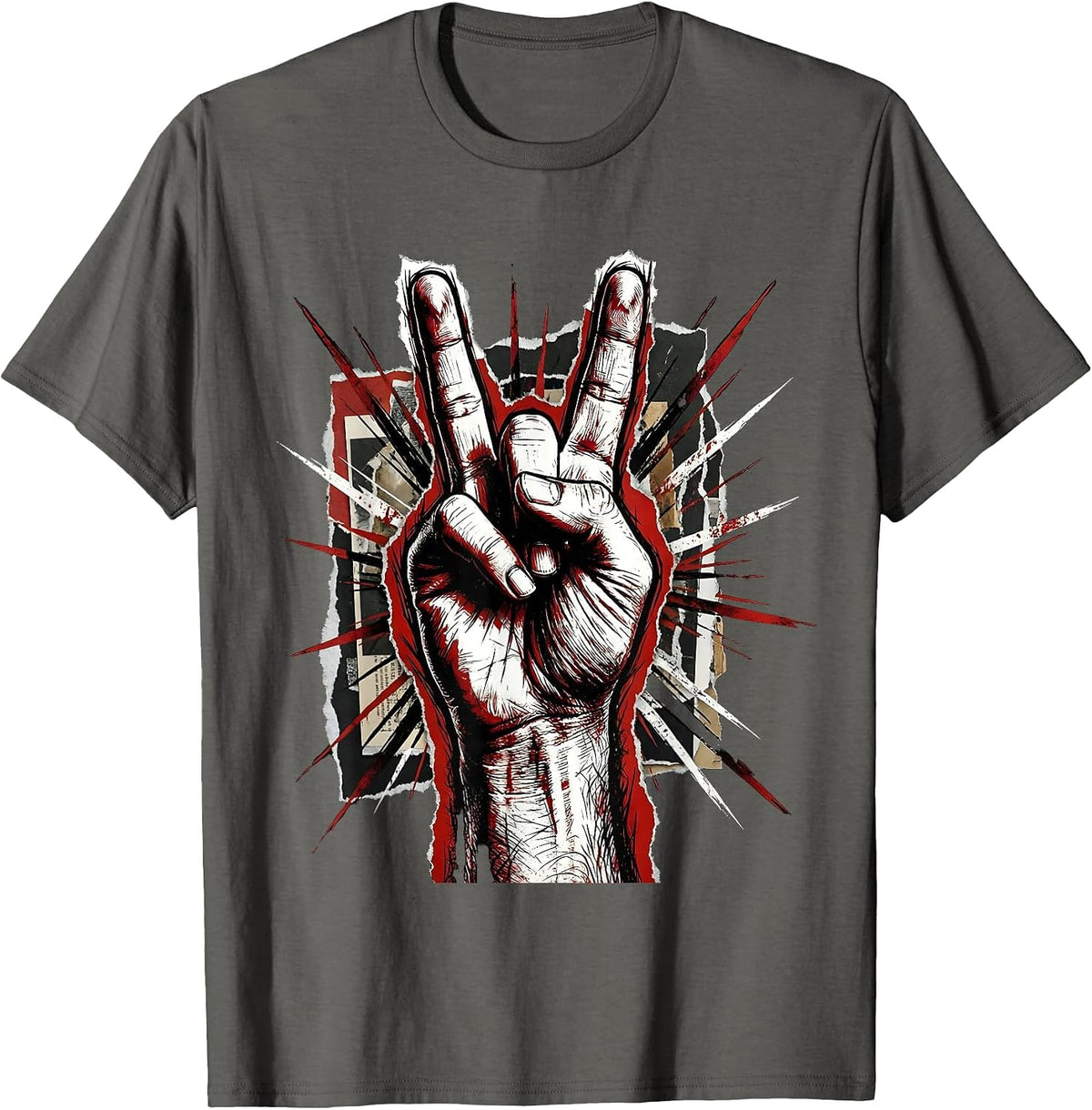 Rock On Devil Horns Hand Sign Graphic T-Shirt - Asphalt Grey