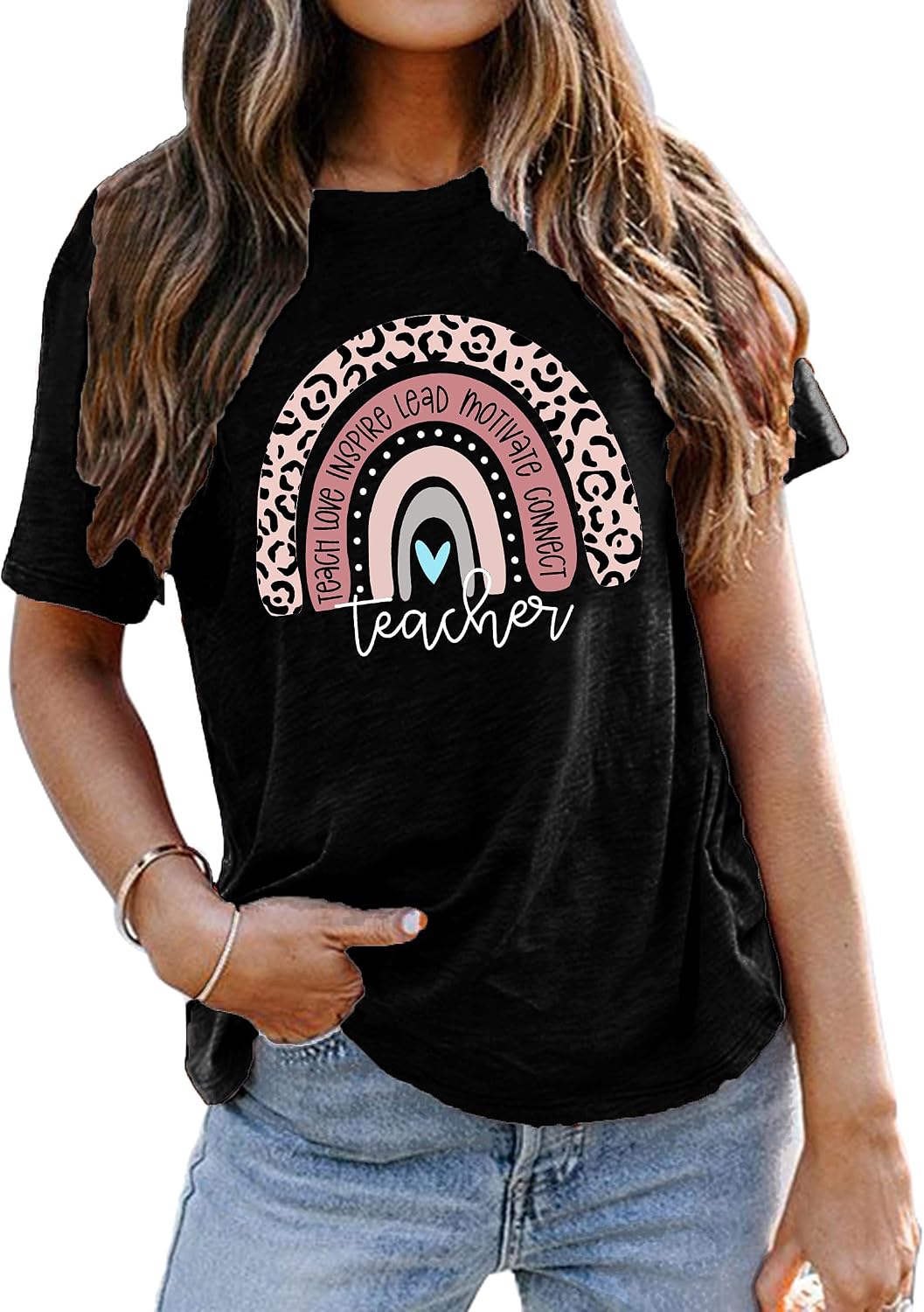 Teacher Shirts Women ABCD Teacher Tshirt Teacher Life Short Sleeve Tops - Rainbow Teacher-black