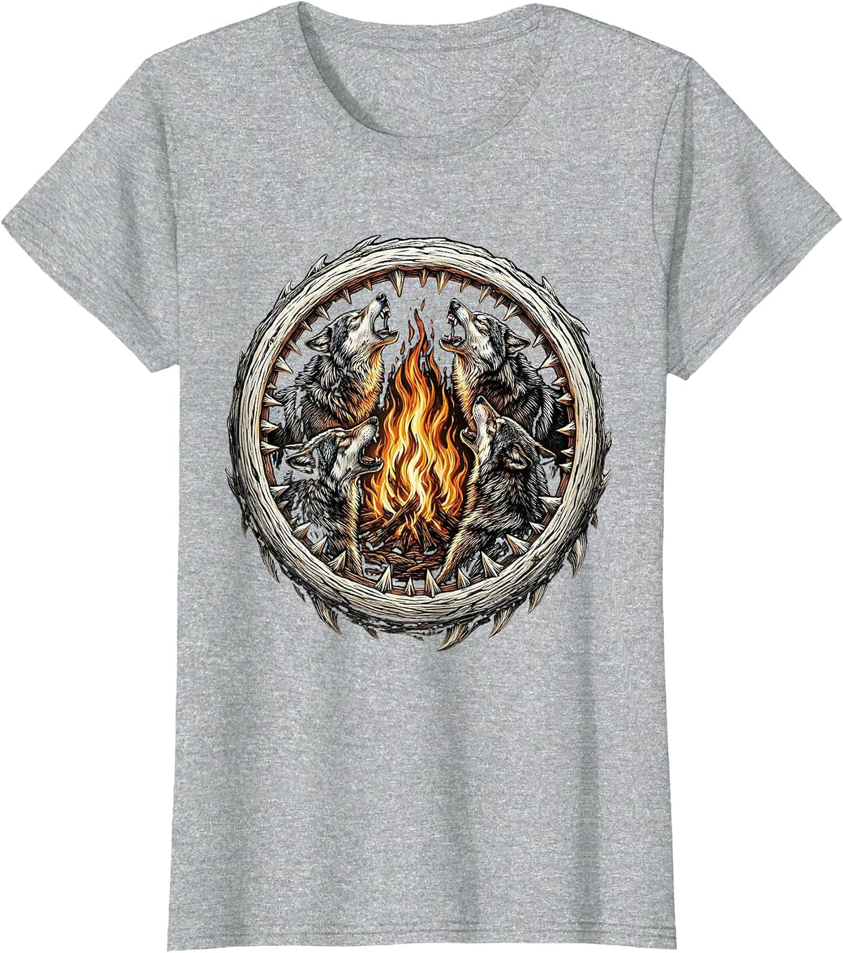 Wolves Howling Bonfire Heavy Metal Graphic T-Shirt - Heather Grey