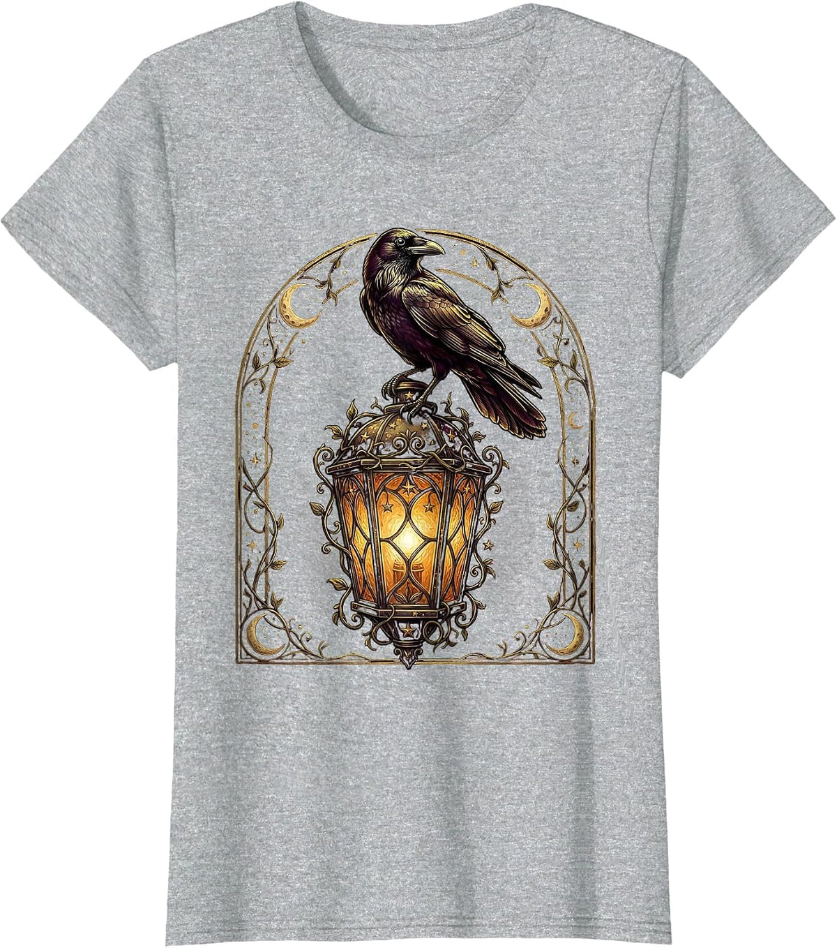 Women's Crow Perched on Old Lantern Illustration T-Shirt - Heather Grey