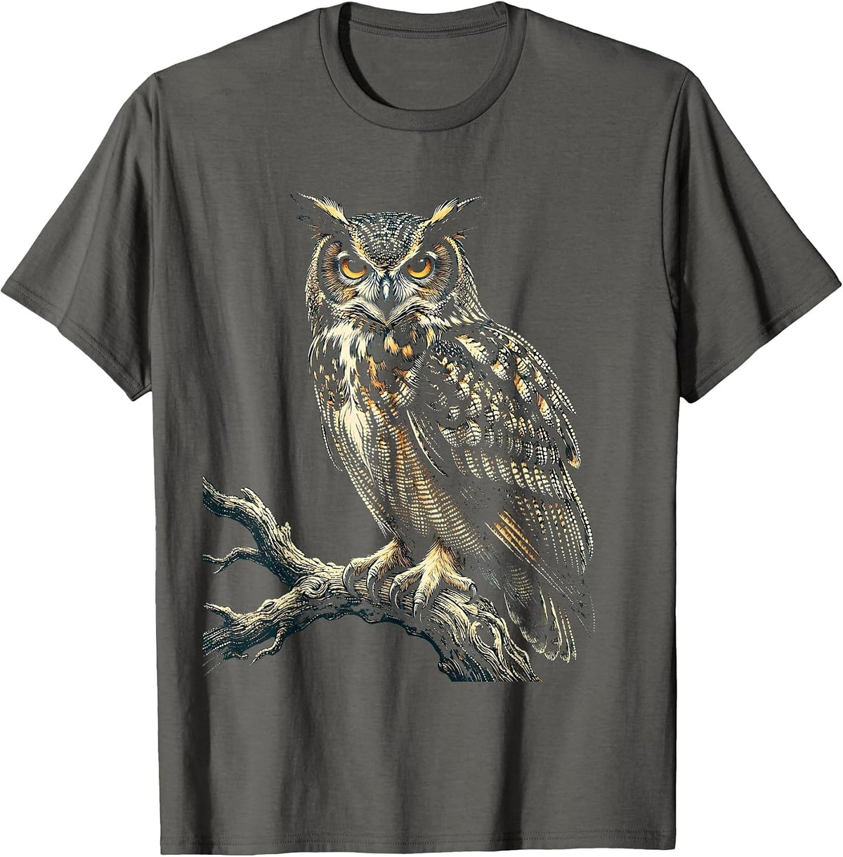 Speckled Owl Perched Illustration Graphic Tee T-Shirt - Asphalt Grey