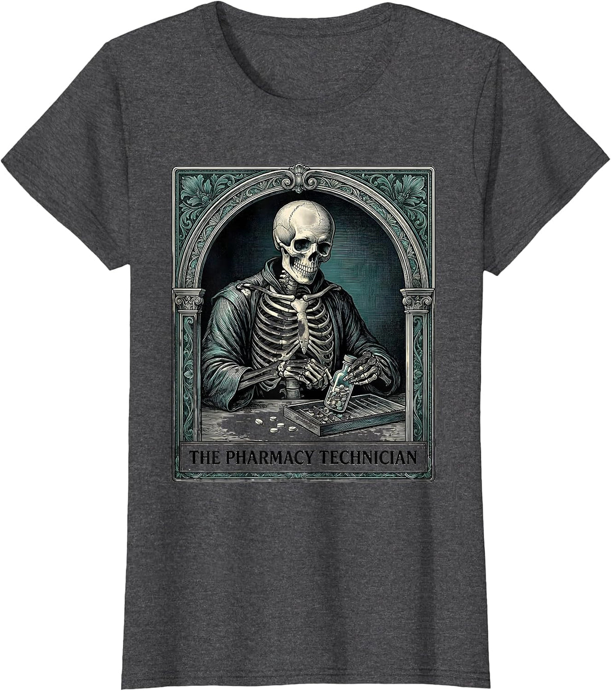 Women's The Pharmacy Technician Skeleton Tarot Card Halloween Humor T-Shirt - Dark Heather Grey