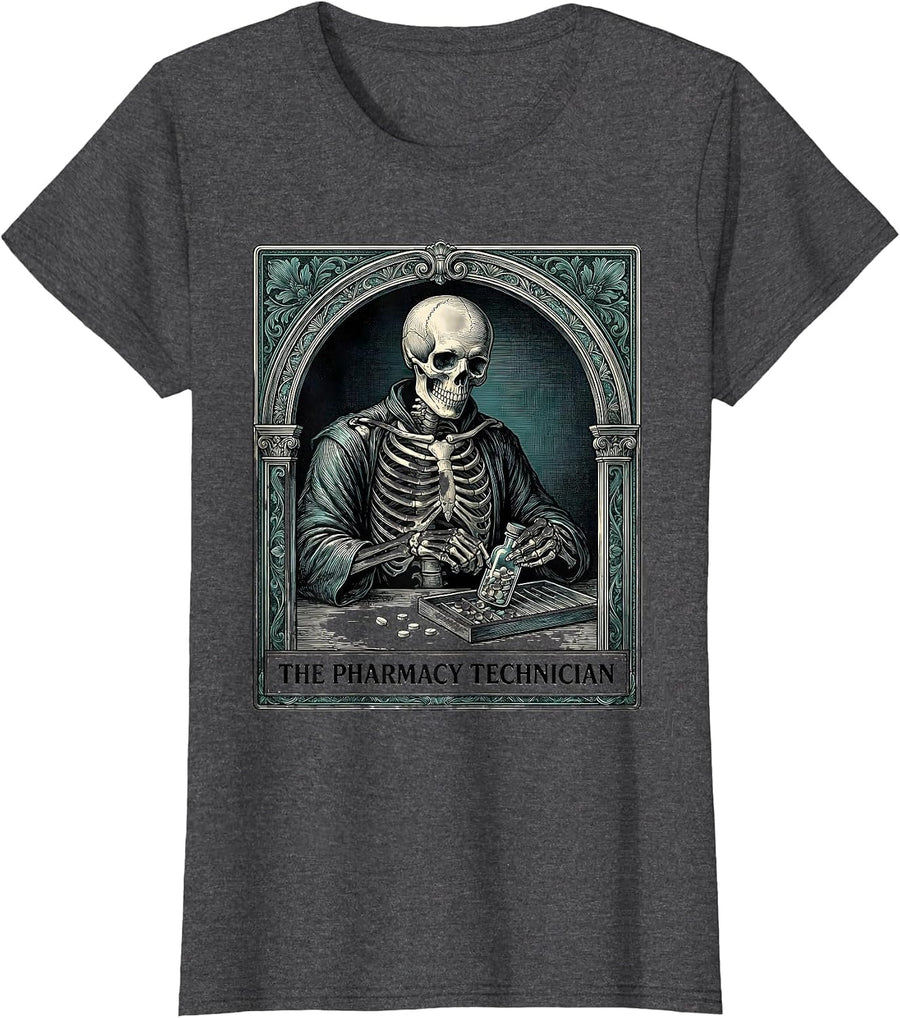 Women's The Pharmacy Technician Skeleton Tarot Card Halloween Humor T-Shirt - Dark Heather Grey