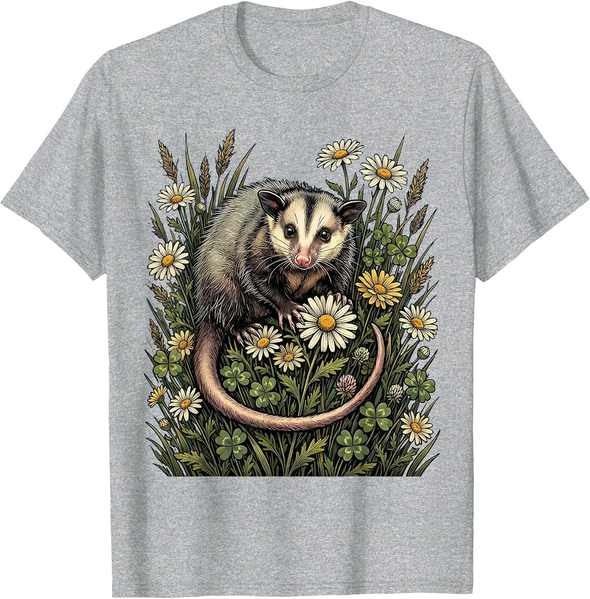 Men's Opossum in Wildflower Field Illustration T-Shirt - Heather Grey