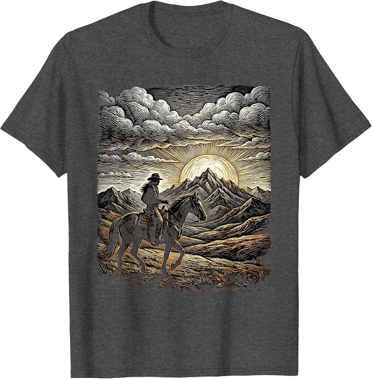 Cowboy Silhouette Riding Toward Mountain Horizon T-Shirt - Dark Heather Grey