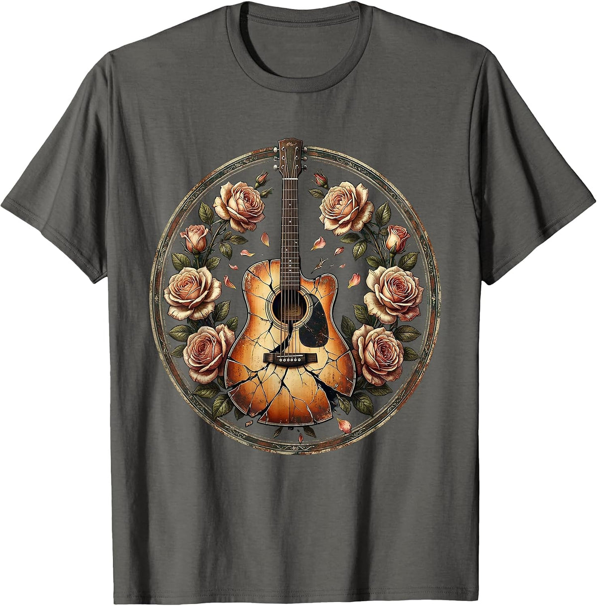 Men's Broken Guitar Floral Band Music Graphic T-Shirt - Asphalt Grey