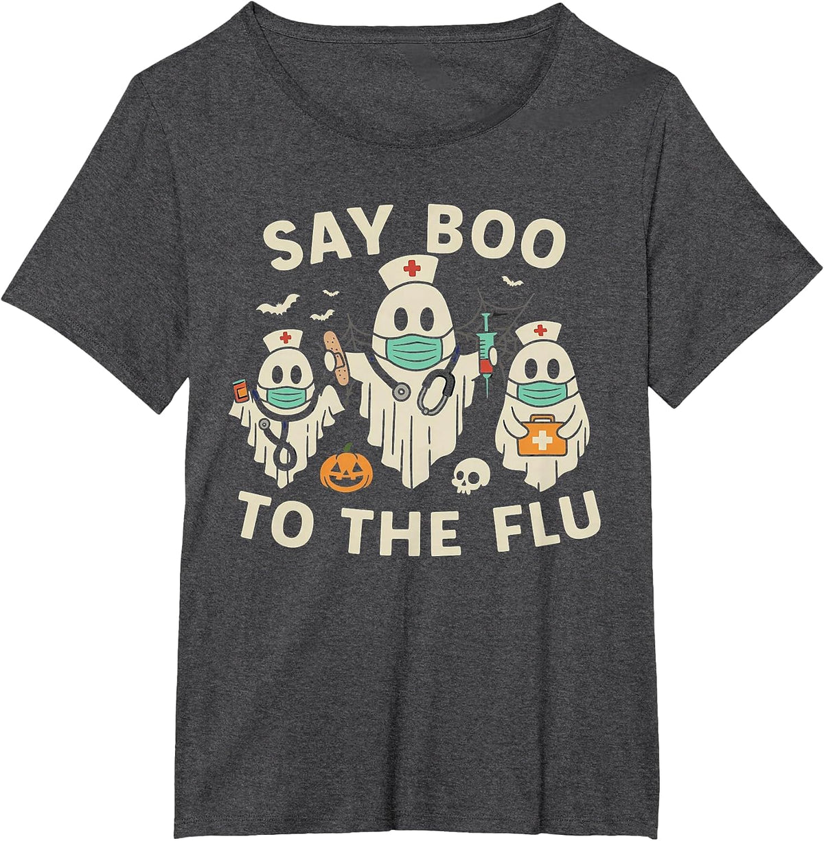 Nurse Halloween Ghost Crew Vaccine Say Boo to the flu T-Shirt - Dark Heather Grey