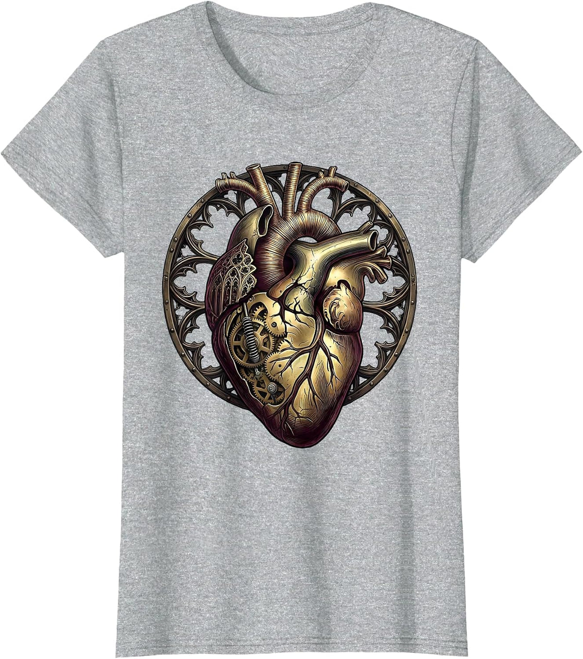 Steampunk Brass Clockwork Heart Exposed Gears T-Shirt - Heather Grey
