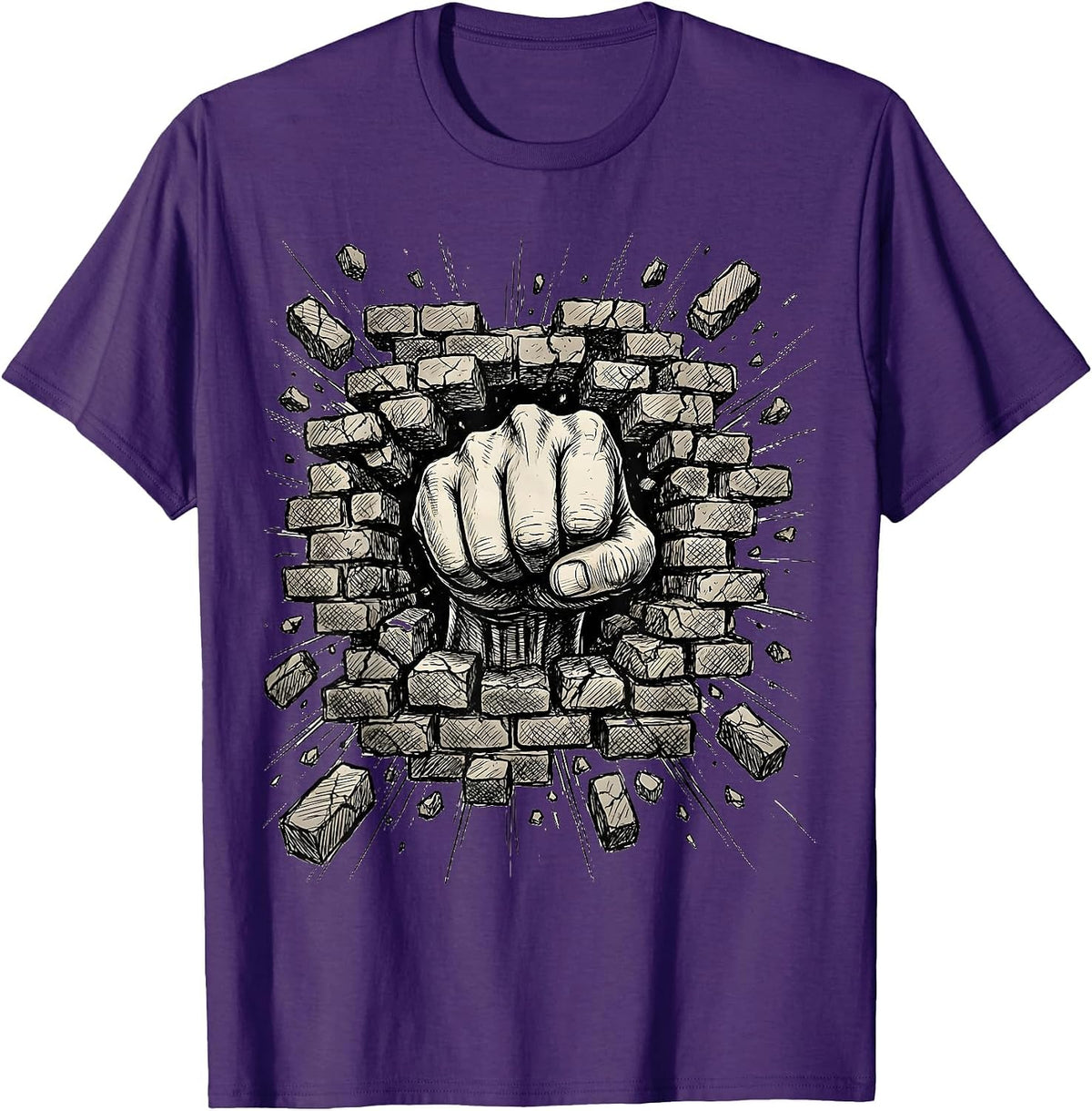 Men's Grunge Fist Through Brick Wall Graphic Tee T-Shirt - Purple
