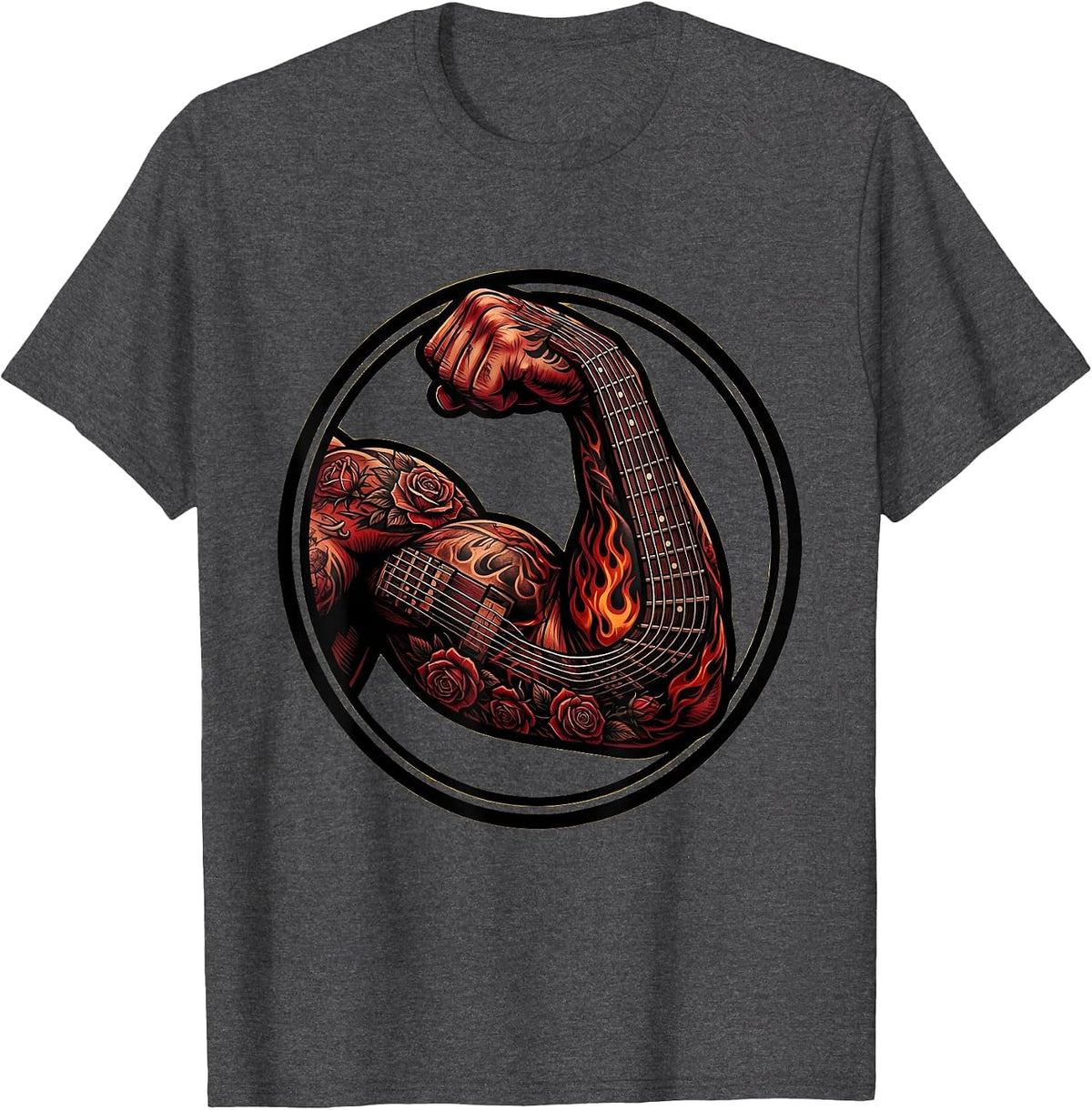 Muscular Arm Guitar Fretboard Tattoo Sleeve Art T-Shirt - Dark Heather Grey