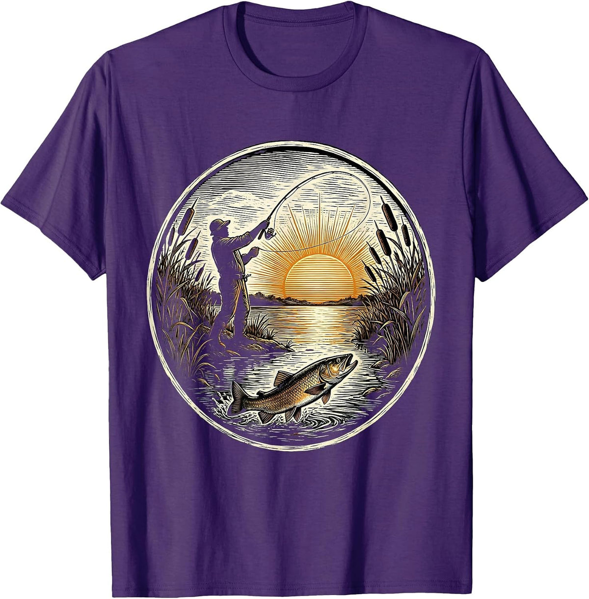 Fisherman Silhouette Casting at Dusk Trout Fishing T-Shirt - Purple